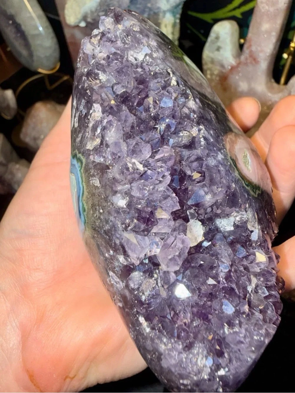 Large Sparkly Uruguayan Amethyst Stalactite Druzy Geode Freeform on Metal Stand